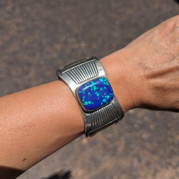 Handmade Native American Azurite Chrysocolla Cuff Nickel Silver Bracelet Sz‎ 7* - Picture 6 of 11
